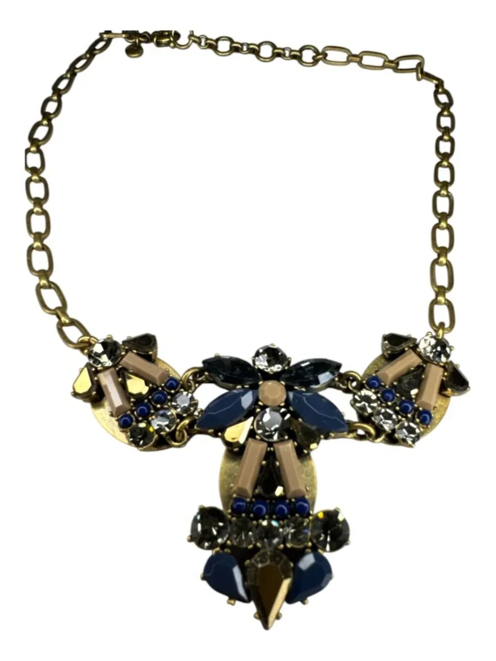 J.Crew Statement Necklace Blue Rhinestone Crystal Gold Tone Bib Necklace 16